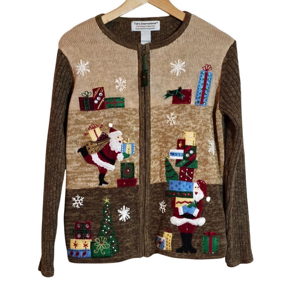 VTG Tiara Christmas Sweater Cardigan Tacky Medium Holiday Ugly Christmas Sweater